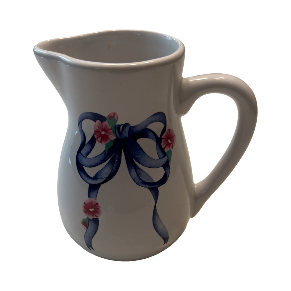 FTD White Ceramic Pitcher Blue Ribbon Bow Pink Floral Flowers Creamer Vintage